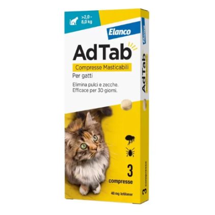 ADTAB 3 COMPRESSE MASTICABILI GATTI 2-8KG Contro Pulci e Zecche 48MG 