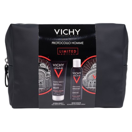 Vichy Cofanetto Pochette Regalo Uomo con Hydra Mag C Gel Doccia 200ml + Sensi Shave Schiuma da Barba 200ml - Idea Regalo Uomo
