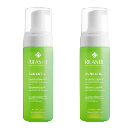 Rilastil Acnestil Mousse Detergente 2 Flaconi da 165ml - Detergente Purificante per Pelle Grassa e a Tendenza Acneica