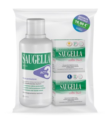 SAUGELLA DETERGENTE INTIMO ACTI3 500ML + ASSORBENTI GIORNO 14 PEZZI + ASSORBENTI NOTTE 12 PEZZI
