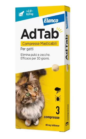 ADTAB 3 COMPRESSE MASTICABILI GATTI 2-8KG Contro Pulci e Zecche 48MG