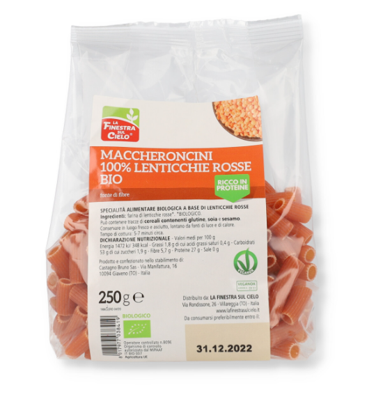 Finestra sul Cielo Maccheroni 100% Lenticchie Rosse 250g
