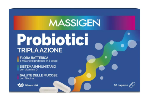MASSIGEN PROBIOTICI Tripla Azione 10 Capsule - Integratore per l'equilibrio della flora intestinale
