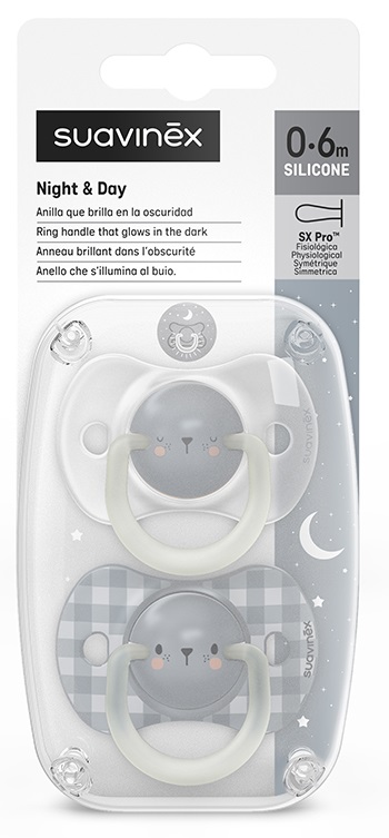 SUAVINEX SUCCHIETTO NIGHT & DAY SILICONE PRO 0/6 MESI ORSO 2 PEZZI
