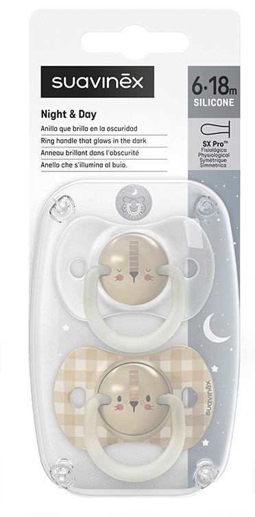 SUAVINEX SUCCHIETTO NIGHT & DAY SILICONE PRO 6/18 MESI LEONE 2 PEZZI
