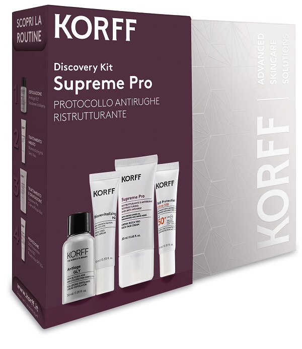 Korff Discovery Kit Supreme Pro con Soluzione Esfoliante 30 ml + Siero Viso 15 ml + Crema Viso 20 ml + Fluido Viso SPF50+ 15 ml - Cofanetto Beauty